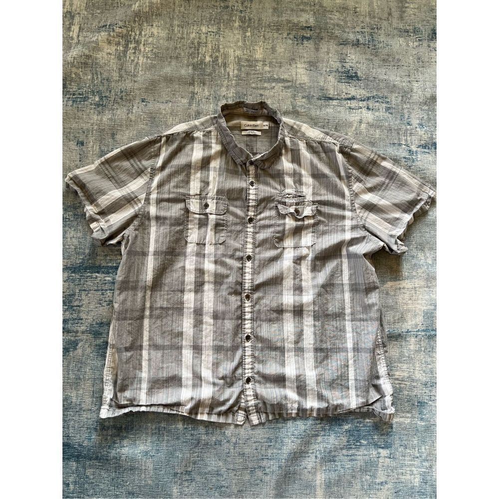 Calvin Klein Gray Stripe Plaid Classic Fit Button Front Short Sleeve Tee XXL